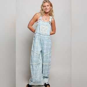 POL Light Blue Plaid Women Jeans Overalls